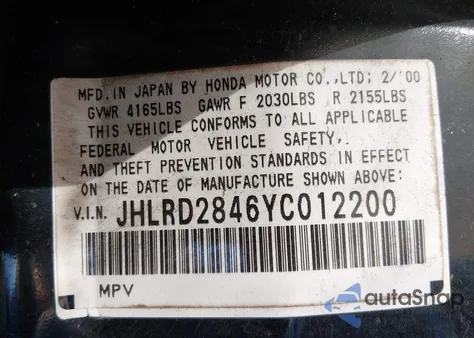 2000 Honda Cr-V Lx from USA, damaged, VIN JHLRD2846YC012200